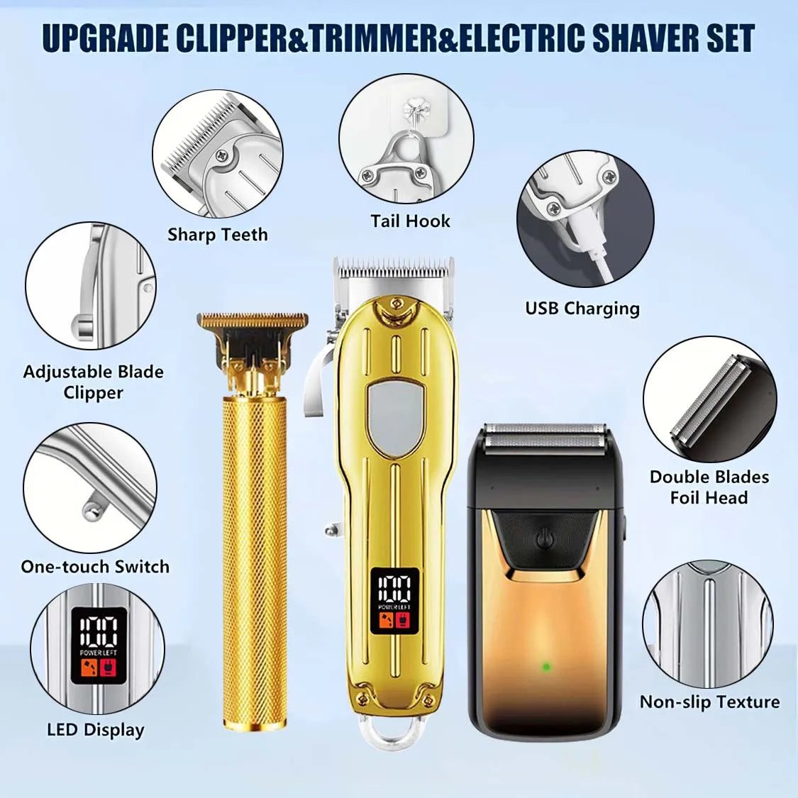 Professional Hair Clipper and Trimmer Set Men Electric Razor Shavers Beard Trimmer Rechargeable Barber Clippers Haircut Kit