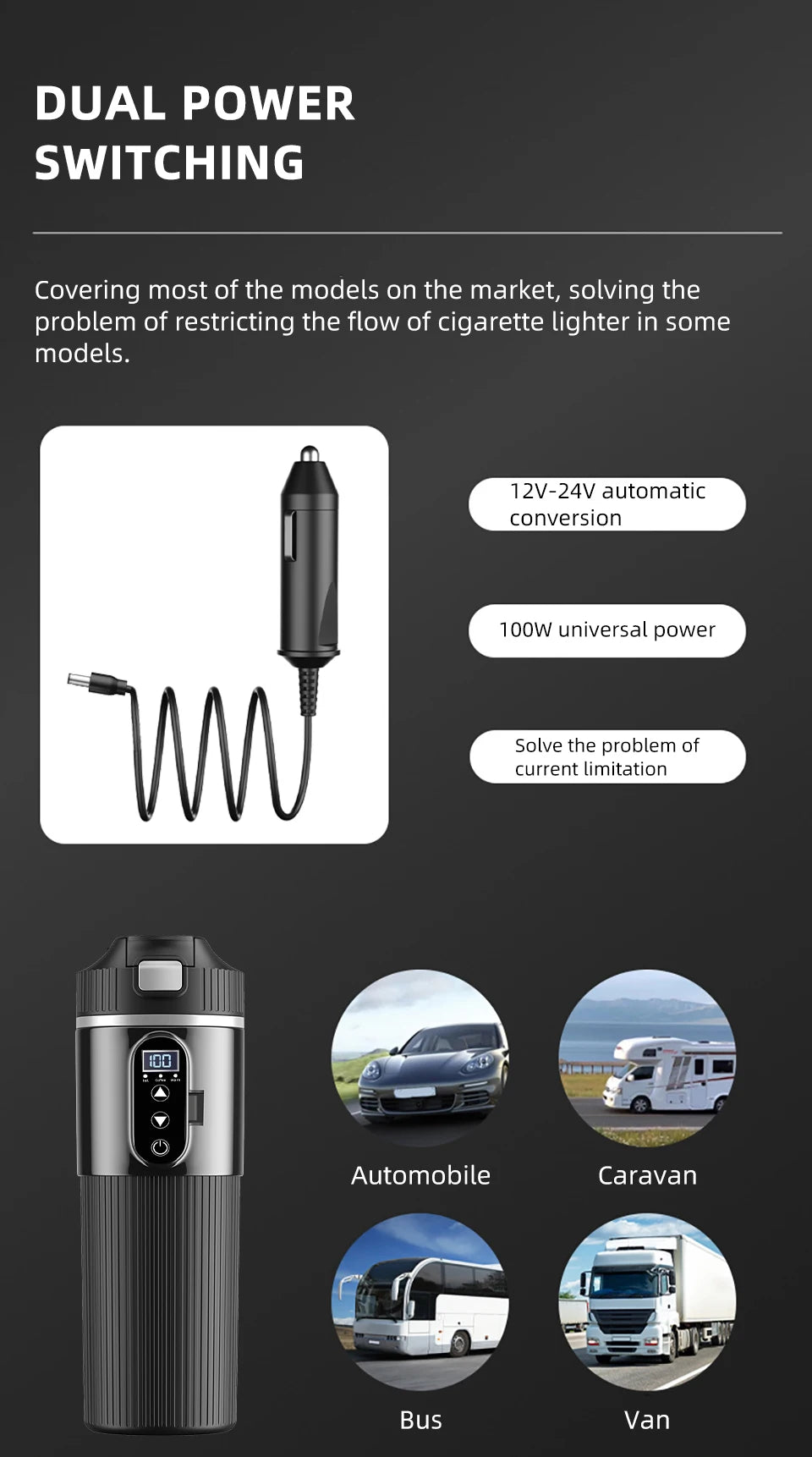 12V/24V 500ML Electric Heating Cup Kettle 304Stainless Steel Water Heater Bottle Auto Shut Off Fast Boiling Cup For Travel Car