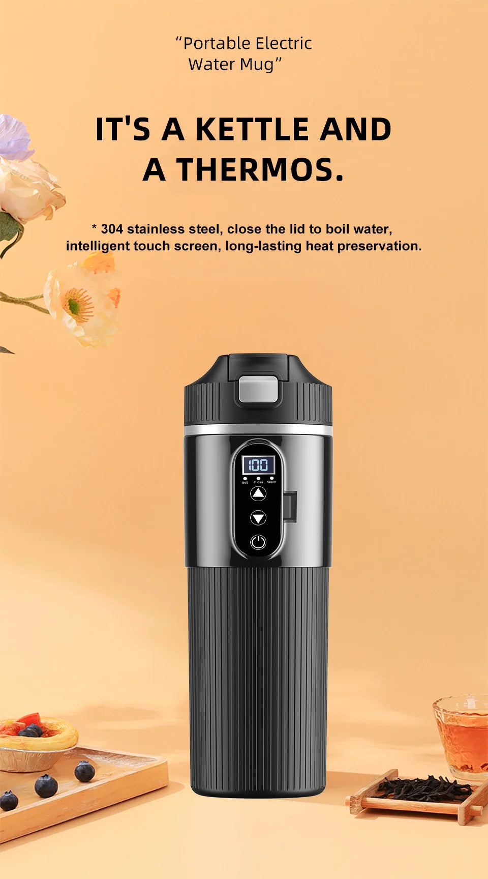 12V/24V 500ML Electric Heating Cup Kettle 304Stainless Steel Water Heater Bottle Auto Shut Off Fast Boiling Cup For Travel Car
