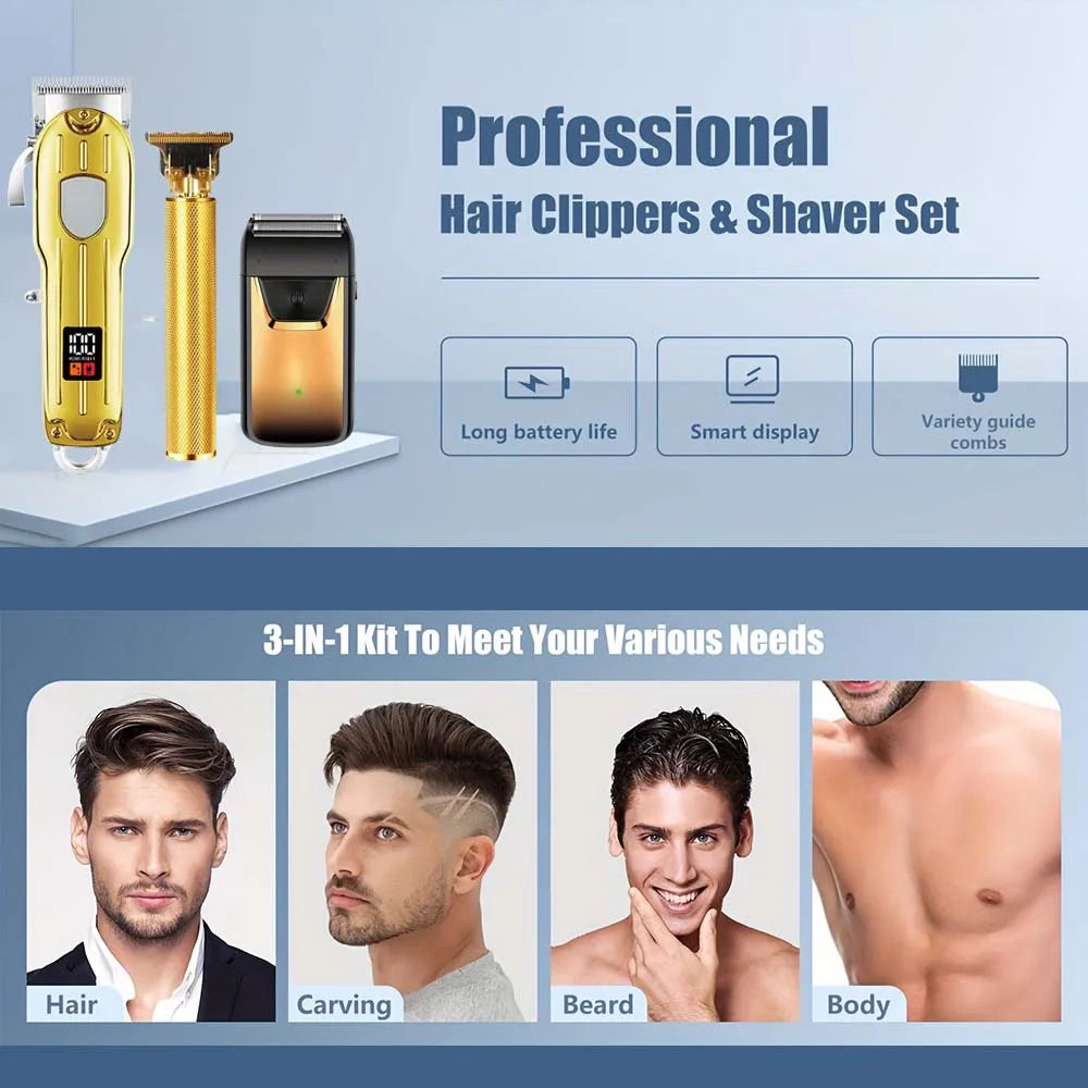 Professional Hair Clipper and Trimmer Set Men Electric Razor Shavers Beard Trimmer Rechargeable Barber Clippers Haircut Kit